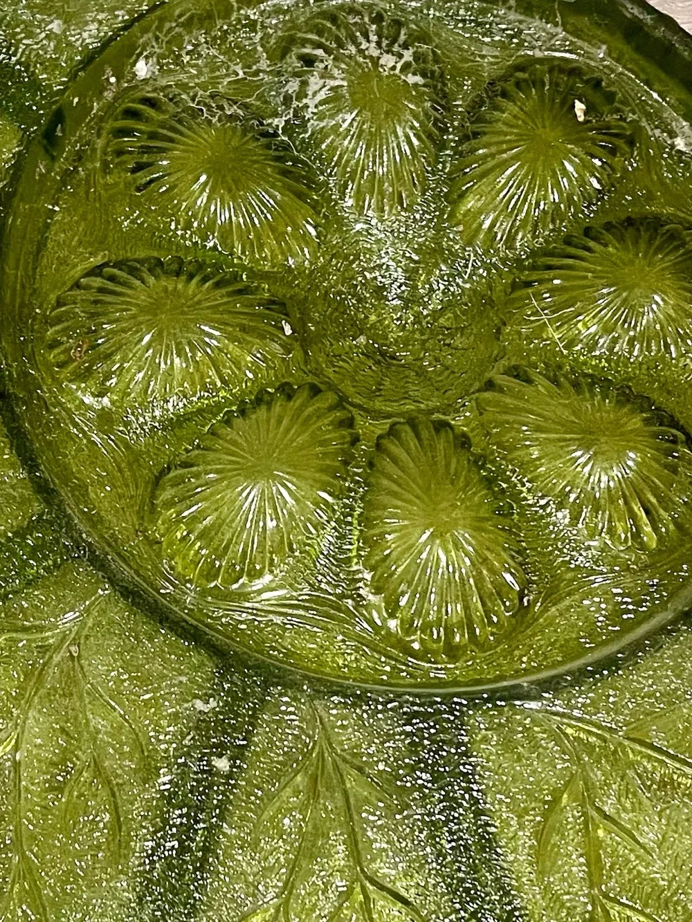 Etienne Aigner Olive Green Glass Divided Serving Platter, Vases and Flower divid